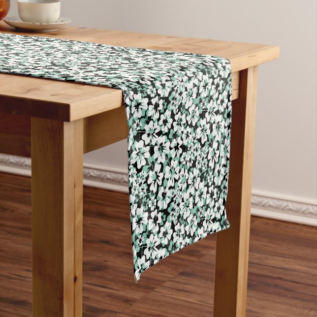 White, turquoise flowers on black. short table runner (In Situ)