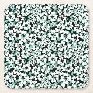 White, turquoise flowers on black. square paper coaster