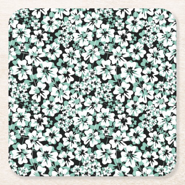 White, turquoise flowers on black. square paper coaster (Front)