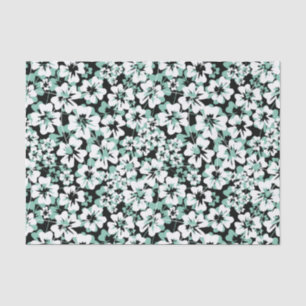 White, turquoise flowers on black.  tissue paper