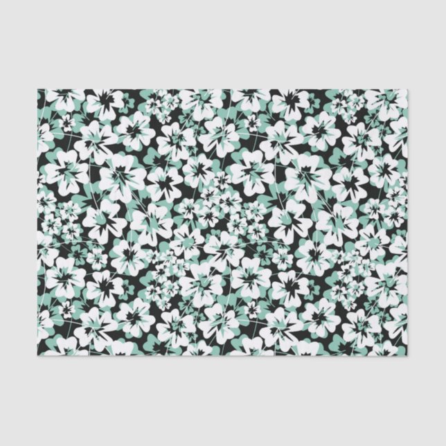 White, turquoise flowers on black.  tissue paper (Front)