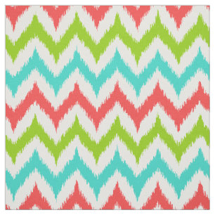 White, Turquoise, Green and Coral Zigzag Ikat Fabric