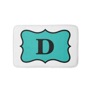 White Turquoise Teal Blue Monogram Initial Home Bath Mat