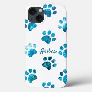 White Turquoise Textured Paw Print Personalized iPhone 13 Case