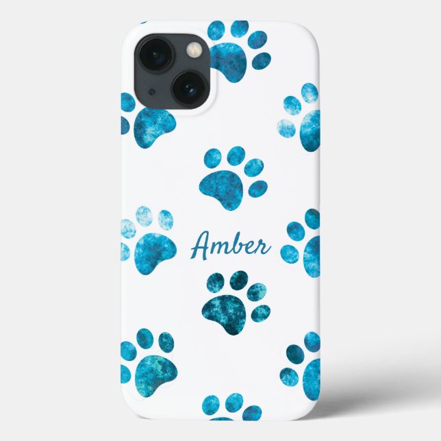 White Turquoise Textured Paw Print Personalized Case-Mate iPhone Case (Back)
