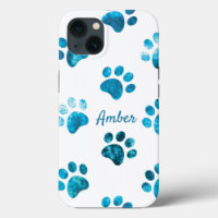 White Turquoise Textured Paw Print Personalized