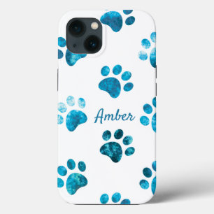 White Turquoise Textured Paw Print Personalized iPhone 13 Case