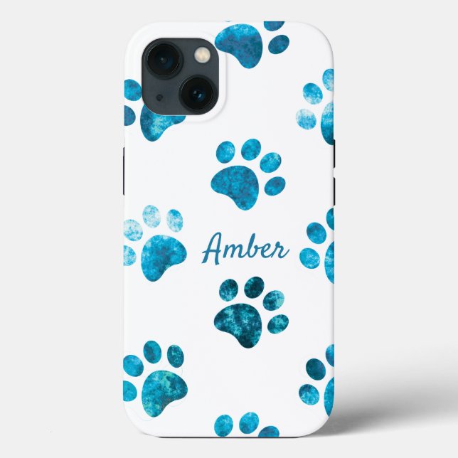 White Turquoise Textured Paw Print Personalized Case-Mate iPhone Case (Back)