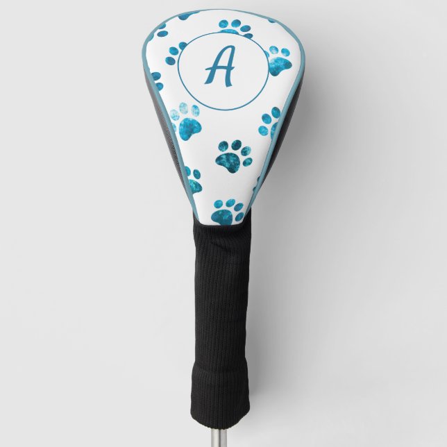 White Turquoise Textured Paw Print Personalized Golf Head Cover (Front)