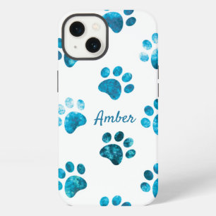 White Turquoise Textured Paw Print Personalized iPhone 13 Case
