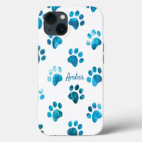 White Turquoise Textured Paw Print Personalized