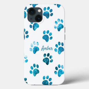 White Turquoise Textured Paw Print Personalized iPhone 13 Case