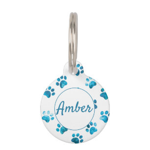 White Turquoise Textured Paw Print Personalized Pet Tag