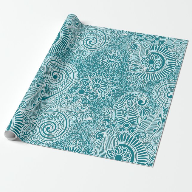 White & Turquoise Vintage Floral Paisley Wrapping Paper (Unrolled)