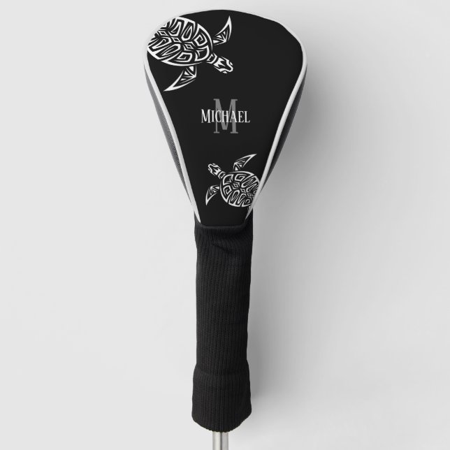 White Turtle Black Background Coastal Monogram  Golf Head Cover (Front)