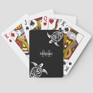 White Turtle Black Background Coastal Monogram Playing Cards