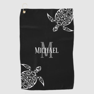 White Turtle Tribal Black Background Monogram   Ba Golf Towel
