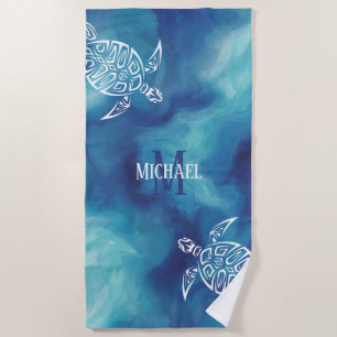 White Turtle Tribal Blue Watercolor Monogram Beach Towel