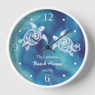 White Turtles Blue Ocean Watercolor Coastal Text  Clock