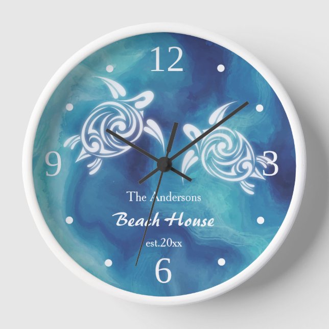 White Turtles Blue Ocean Watercolor Coastal Text  Clock (Front)