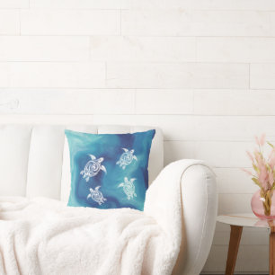 White Turtles Blue Ocean Watercolor Coastal Throw Pillow