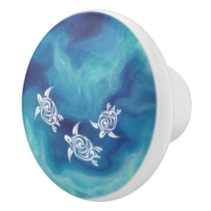 White Turtles in Blue Ocean Ceramic Knob