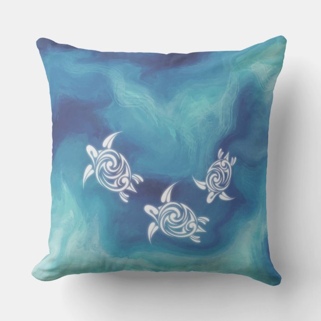 White Turtles in Blue Ocean Coastal Outdoor Pillow (Front)
