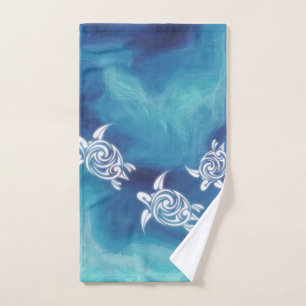 White Turtles in Blue Ocean Coastal Watercolor Hand Towel