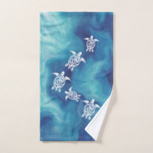 White Turtles in Blue Ocean Hand Towel