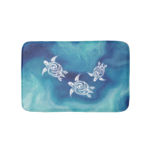 White Turtles in Blue Ocean Watercolor Bath Mat