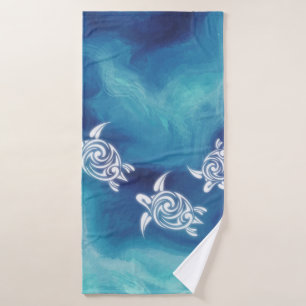 White Turtles in Blue Ocean Watercolor Coastal Bath Towel
