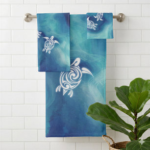 White Turtles in Blue Ocean Watercolor Coastal Bath Towel Set