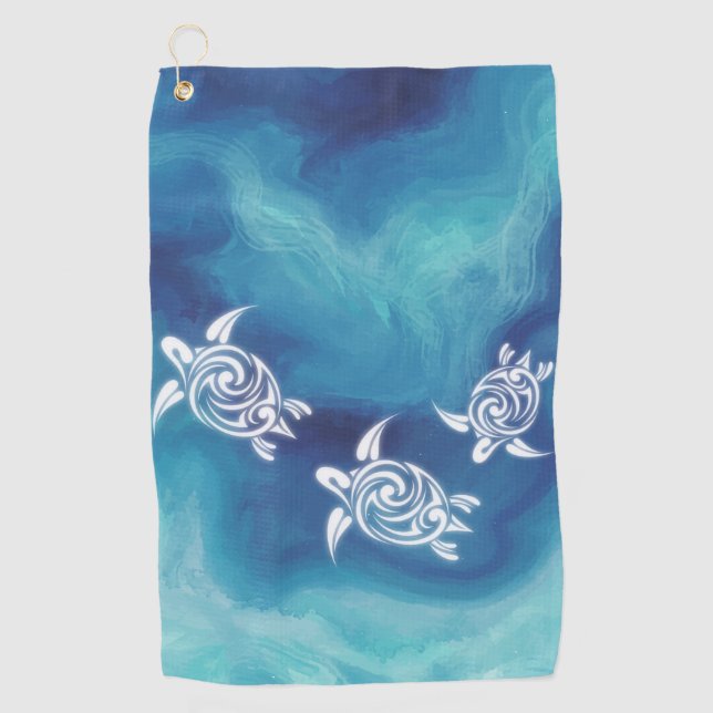 White Turtles in Blue Ocean Watercolor Coastal Golf Towel (Front)