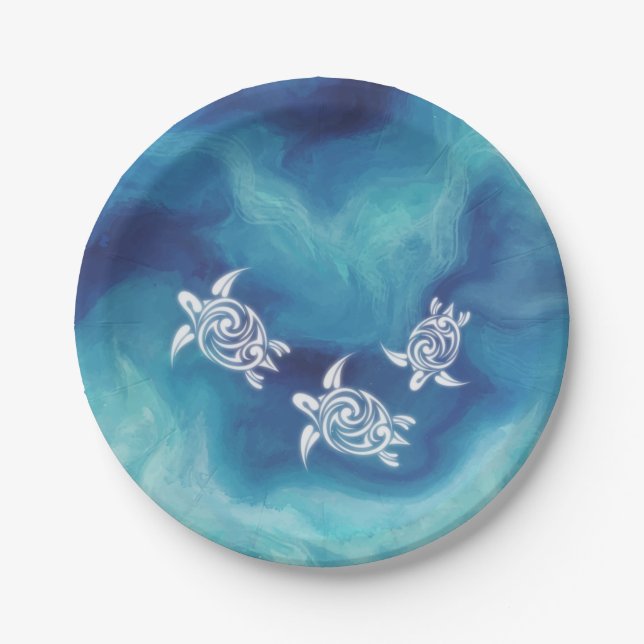 White Turtles in Blue Ocean Watercolor Coastal Paper Plate (Front)