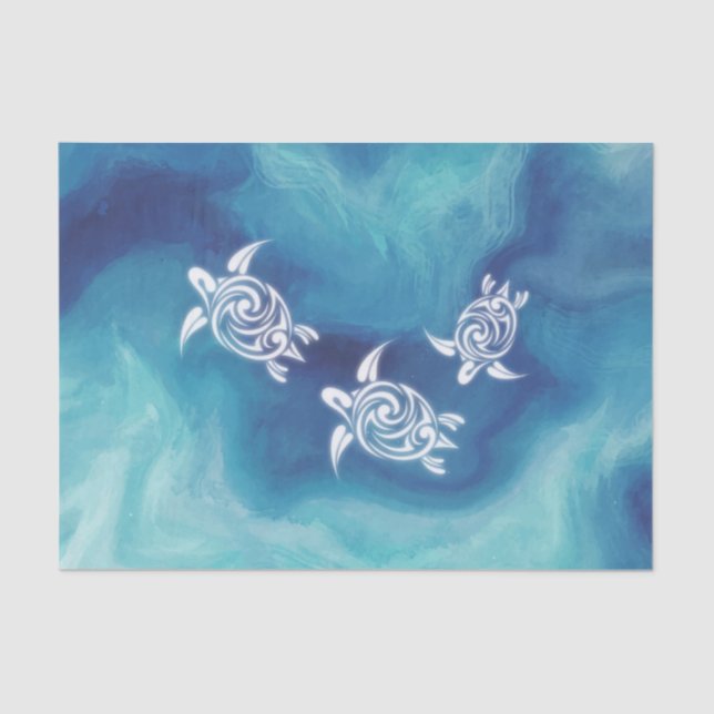 White Turtles in Blue Ocean Watercolor Coastal Tissue Paper (Front)