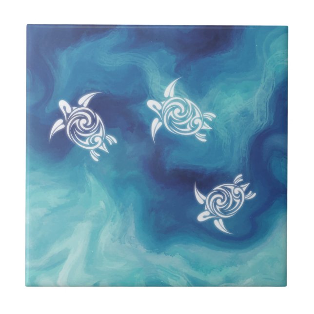 White Turtles in Blue Ocean Watercolor Tile (Front)