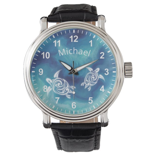 White Turtles in Blue Ocean Watercolor Your Name Watch (Front)