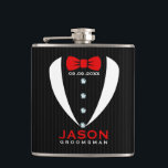 White Tuxedo Red BowTie & Groomsman Text Hip Flask<br><div class="desc">Elegant modern white tuxedo with red tie and black and dark-grey stripes background. Customizable groomsman name.</div>