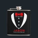 White Tuxedo Red BowTie & Groomsman Text Hip Flask<br><div class="desc">Elegant modern white tuxedo with red tie and black and dark-grey stripes background. Customizable groomsman name.</div>