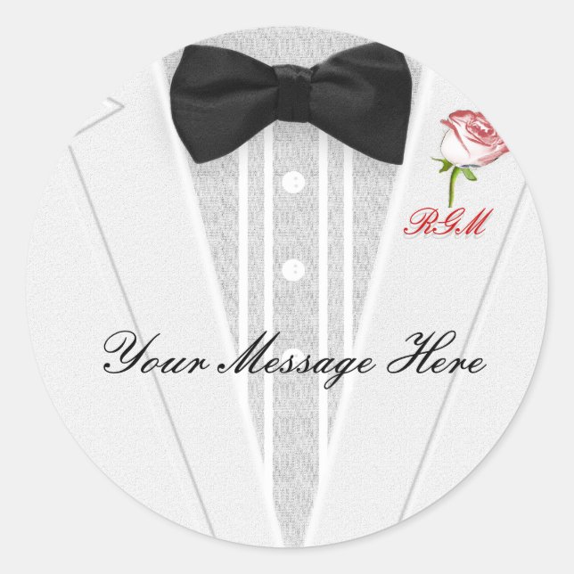 White Tuxedo with black Bow Tie Monogram Classic Round Sticker (Front)