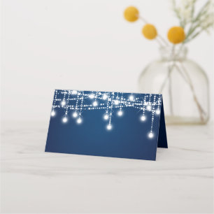 White Twinkle String Lights on Blue Place Card