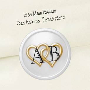 White Two Hearts Black Monogram Wedding Classic Round Sticker