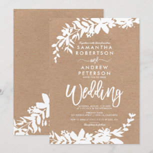 White typography leaf floral rustic kraft wedding invitation