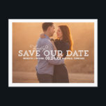 White Typography Overlay Photo Save the Date Announcement Postcard<br><div class="desc">This rustic,  whimsical save the date postcard features the text "Kindly save our date" in the middle of the card,  overlaying a large photo. Customize with your wedding details and favourite photo.</div>