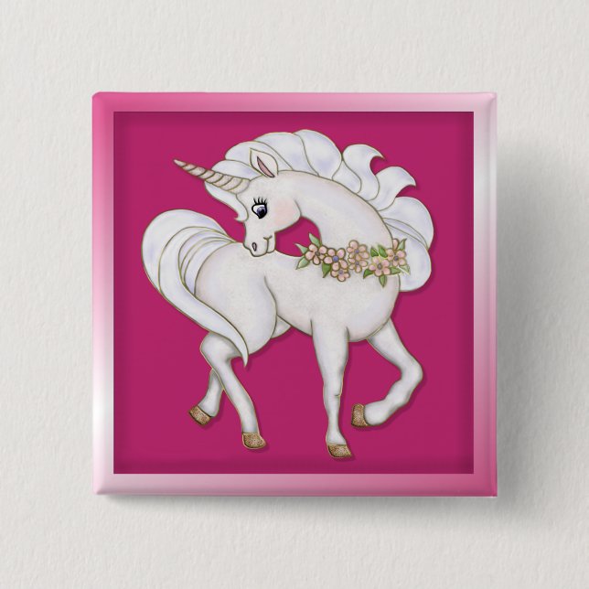 White Unicorn 2 Inch Square Button (Front)