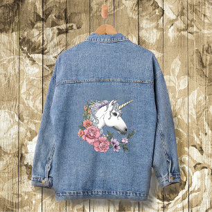 White Unicorn and Flowers Denim Jacket
