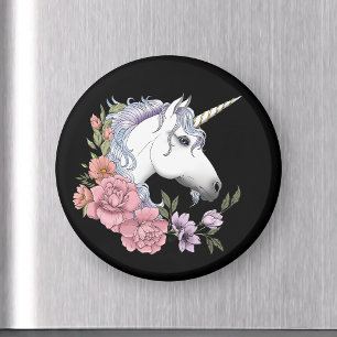 White Unicorn and Flowers Magnet