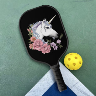 White Unicorn and Flowers Pickleball Paddle
