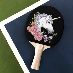 White Unicorn and Flowers Ping Pong Paddle
