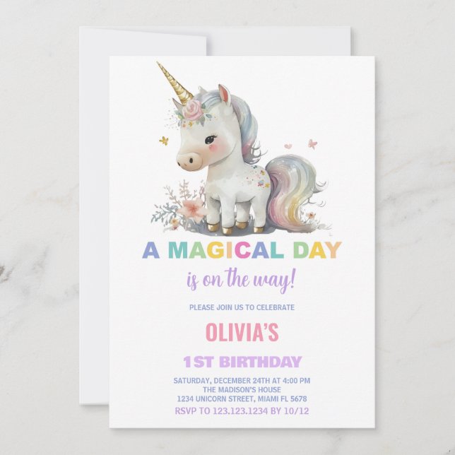 White Unicorn Birthday Invitations (Front)